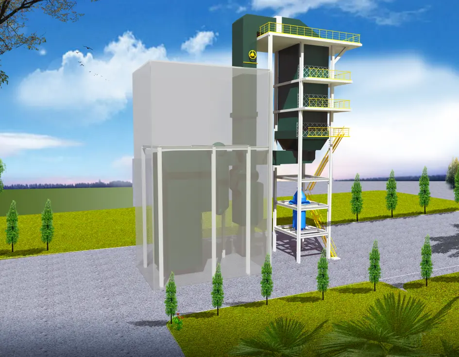 A 3D rendering of an industrial smart SCR system, featuring a tall structure and green trees.